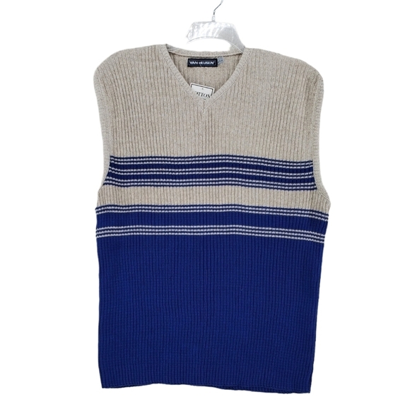 Vtg 90s Van Heusen Vest Dad Pullover Beige Blue Striped Linen Cotton Men L NWT - Picture 14 of 15